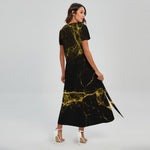 Black Gold Marble Print Short Sleeve Maxi Dress