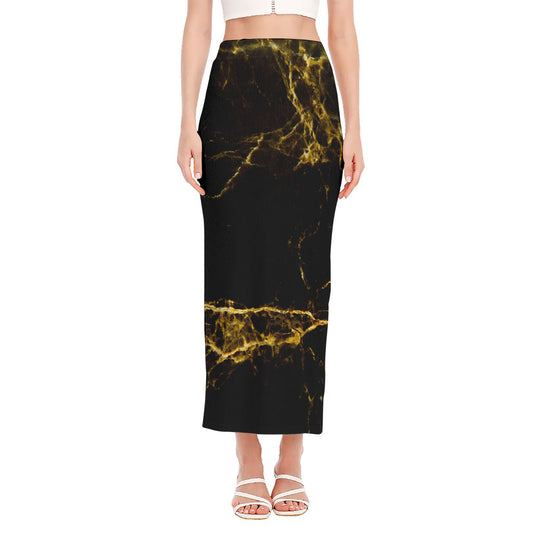 Black Gold Marble Print Side Slit Maxi Skirt