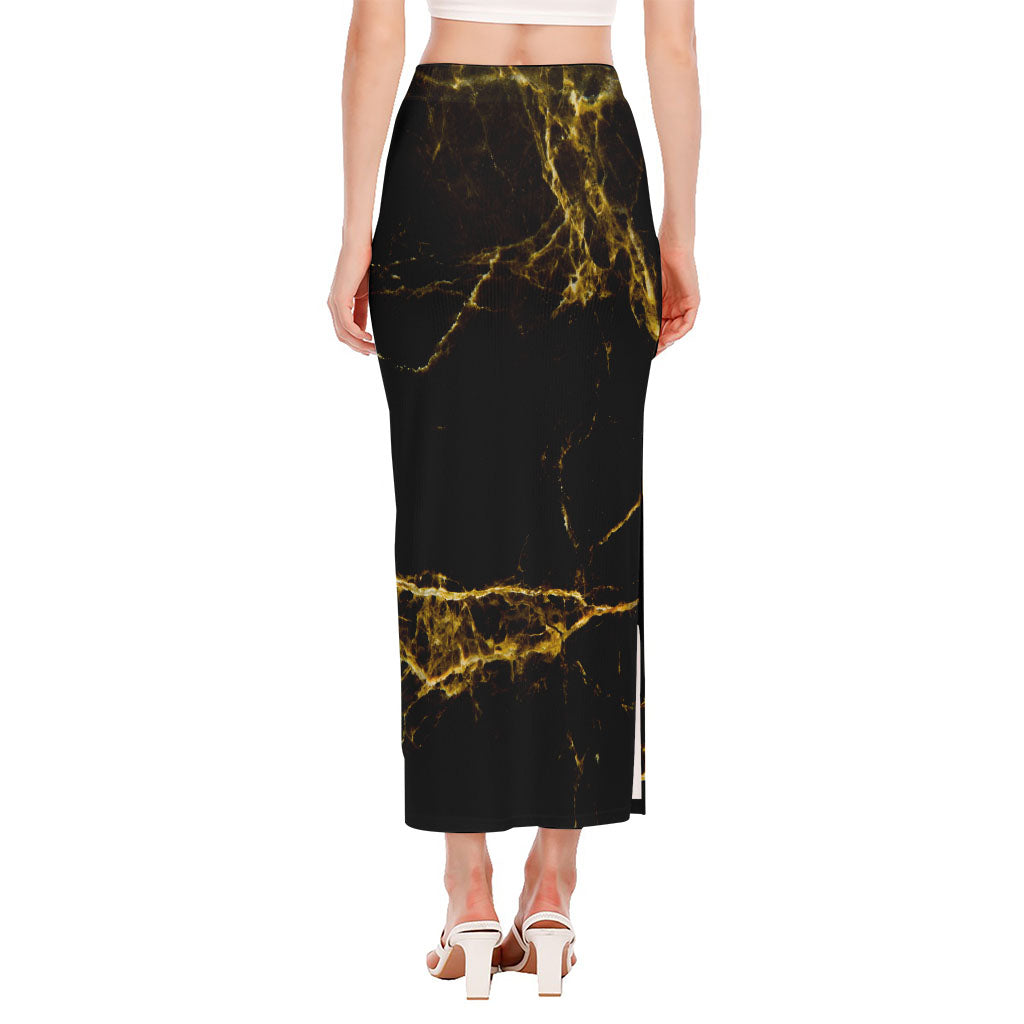 Black Gold Marble Print Side Slit Maxi Skirt