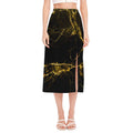 Black Gold Marble Print Side Slit Midi Skirt