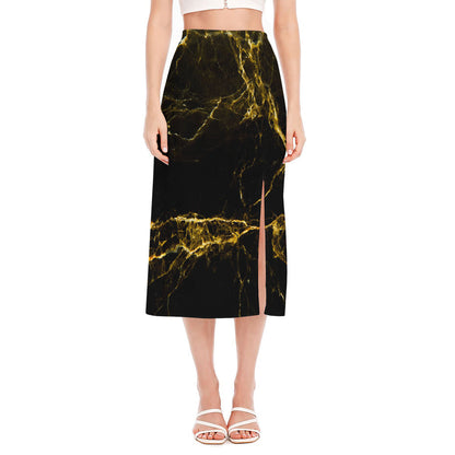 Black Gold Marble Print Side Slit Midi Skirt
