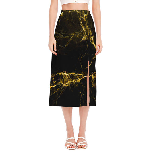 Black Gold Marble Print Side Slit Midi Skirt