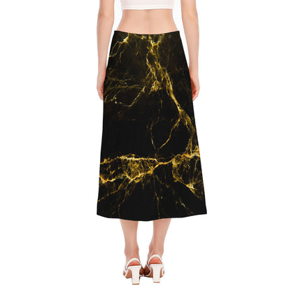 Black Gold Marble Print Side Slit Midi Skirt