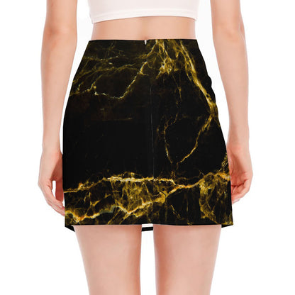 Black Gold Marble Print Side Slit Mini Skirt