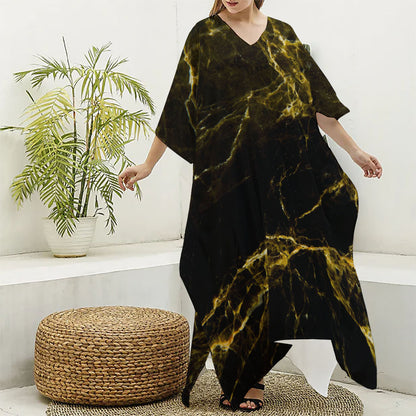 Black Gold Marble Print Silk V-Neck Kaftan Dress