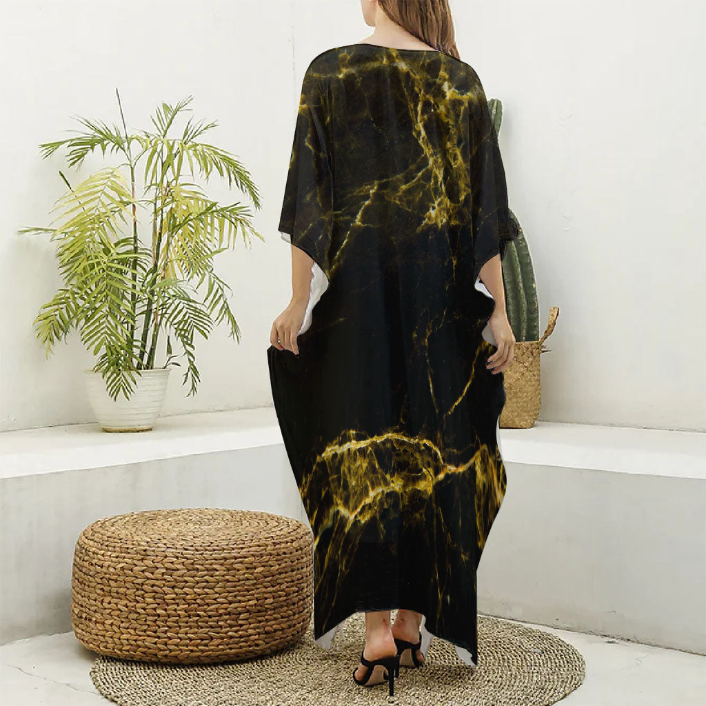 Black Gold Marble Print Silk V-Neck Kaftan Dress