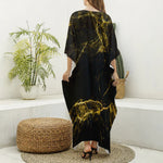 Black Gold Marble Print Silk V-Neck Kaftan Dress