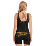 Black Gold Marble Print Sleeveless One Piece Swimsuit