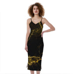 Black Gold Marble Print Slim Fit Midi Cami Dress