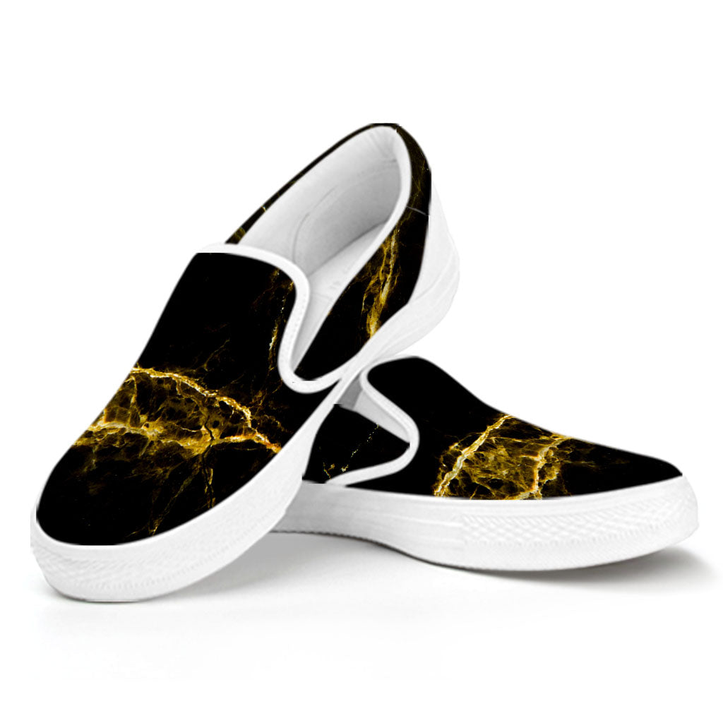 Black Gold Marble Print White Slip On Sneakers