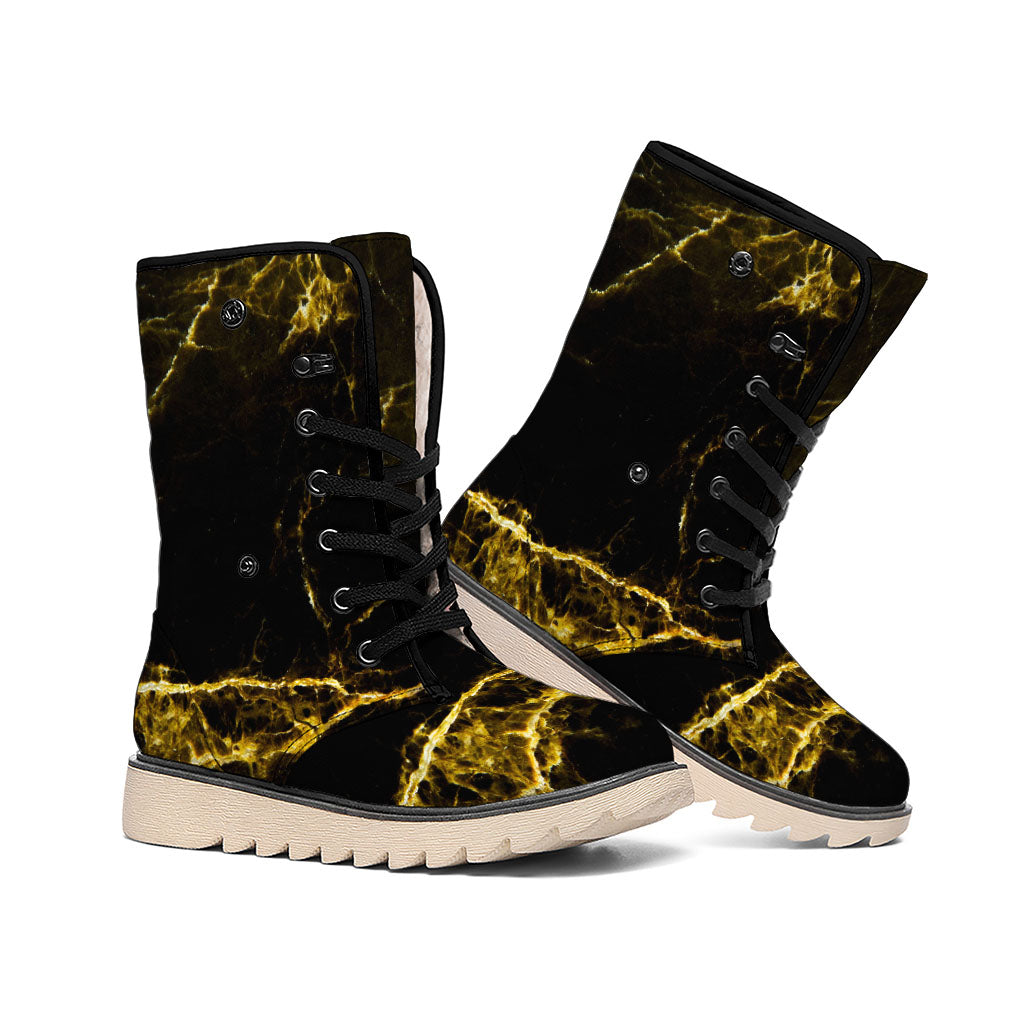 Black Gold Marble Print Winter Boots