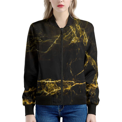 Black Gold Marble Print Women's Bomber Jacket