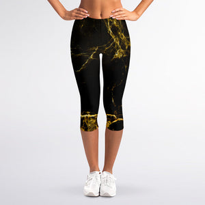 Black Gold Marble Print Women's Capri Leggings