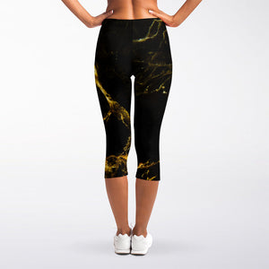 Black Gold Marble Print Women's Capri Leggings