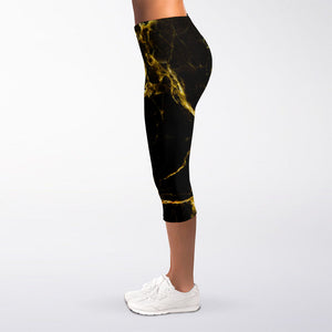 Black Gold Marble Print Women's Capri Leggings