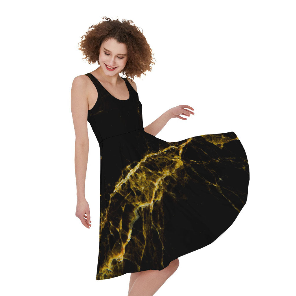 Black Gold Marble Print Women's Sleeveless Dress