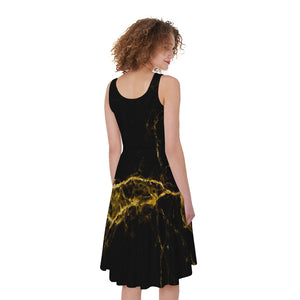 Black Gold Marble Print Women's Sleeveless Dress