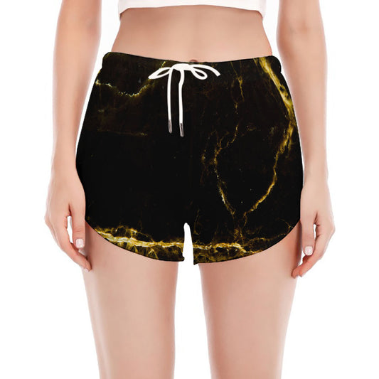 Black Gold Marble Print Women's Split Running Shorts