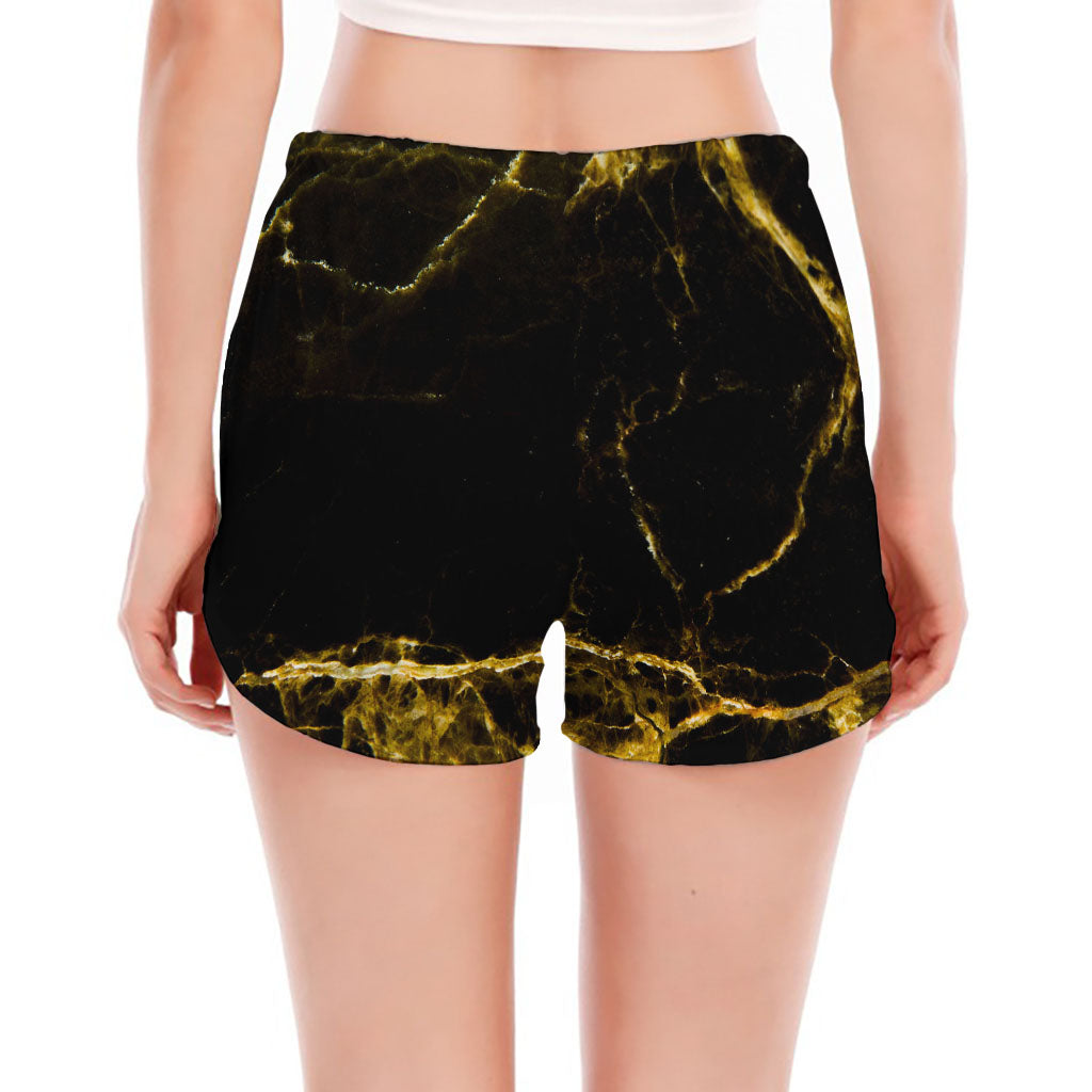 Black Gold Marble Print Women's Split Running Shorts
