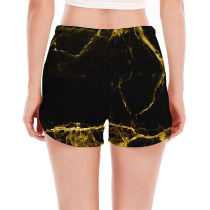Black Gold Marble Print Women's Split Running Shorts