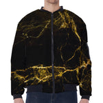 Black Gold Marble Print Zip Sleeve Bomber Jacket