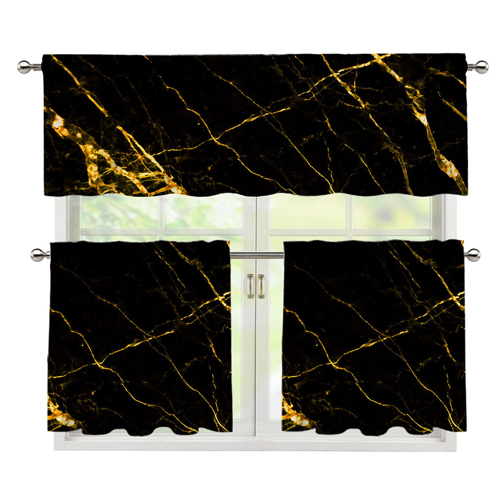 Black Gold Scratch Marble Print 3 Piece Kitchen Curtains