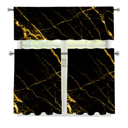Black Gold Scratch Marble Print 3 Piece Kitchen Curtains