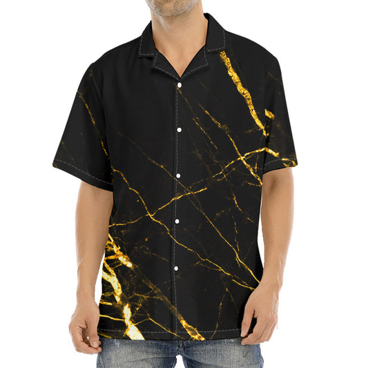 Black Gold Scratch Marble Print Aloha Shirt