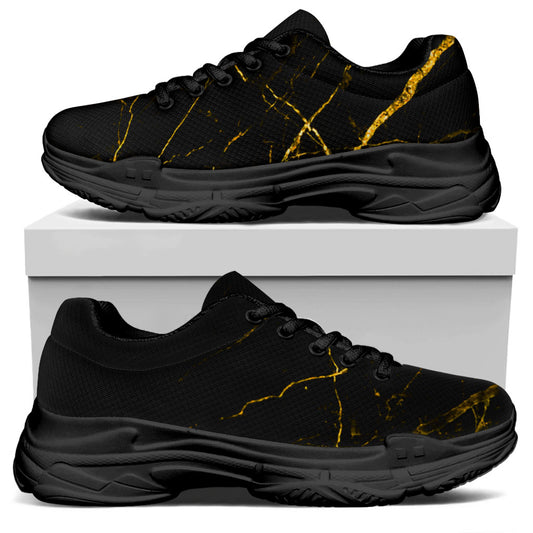 Black Gold Scratch Marble Print Black Chunky Shoes