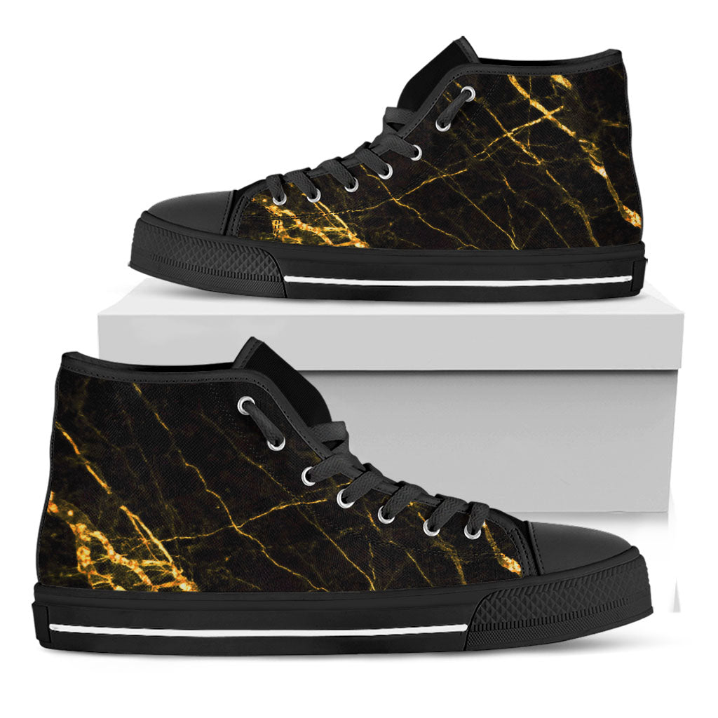 Black Gold Scratch Marble Print Black High Top Sneakers