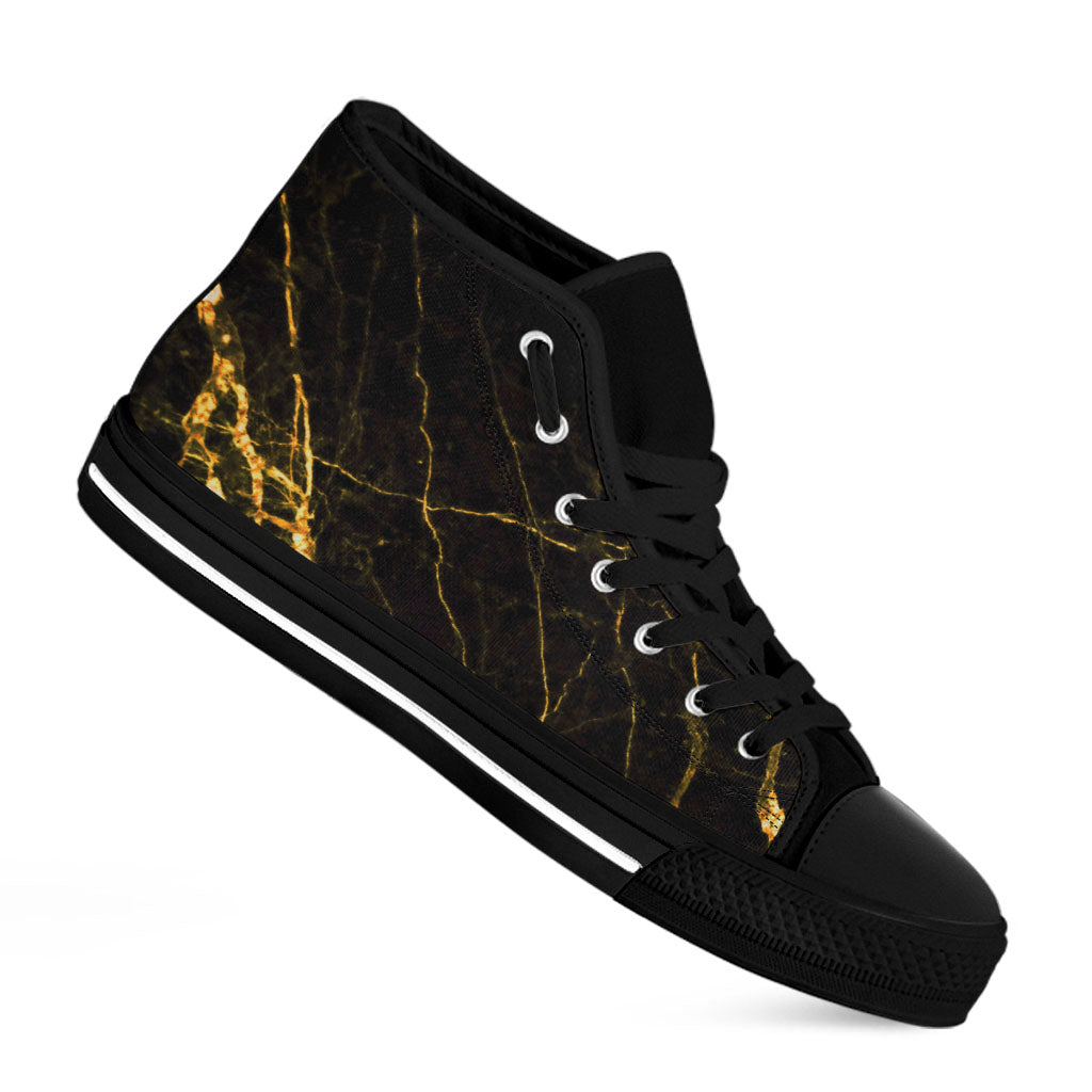 Black Gold Scratch Marble Print Black High Top Sneakers