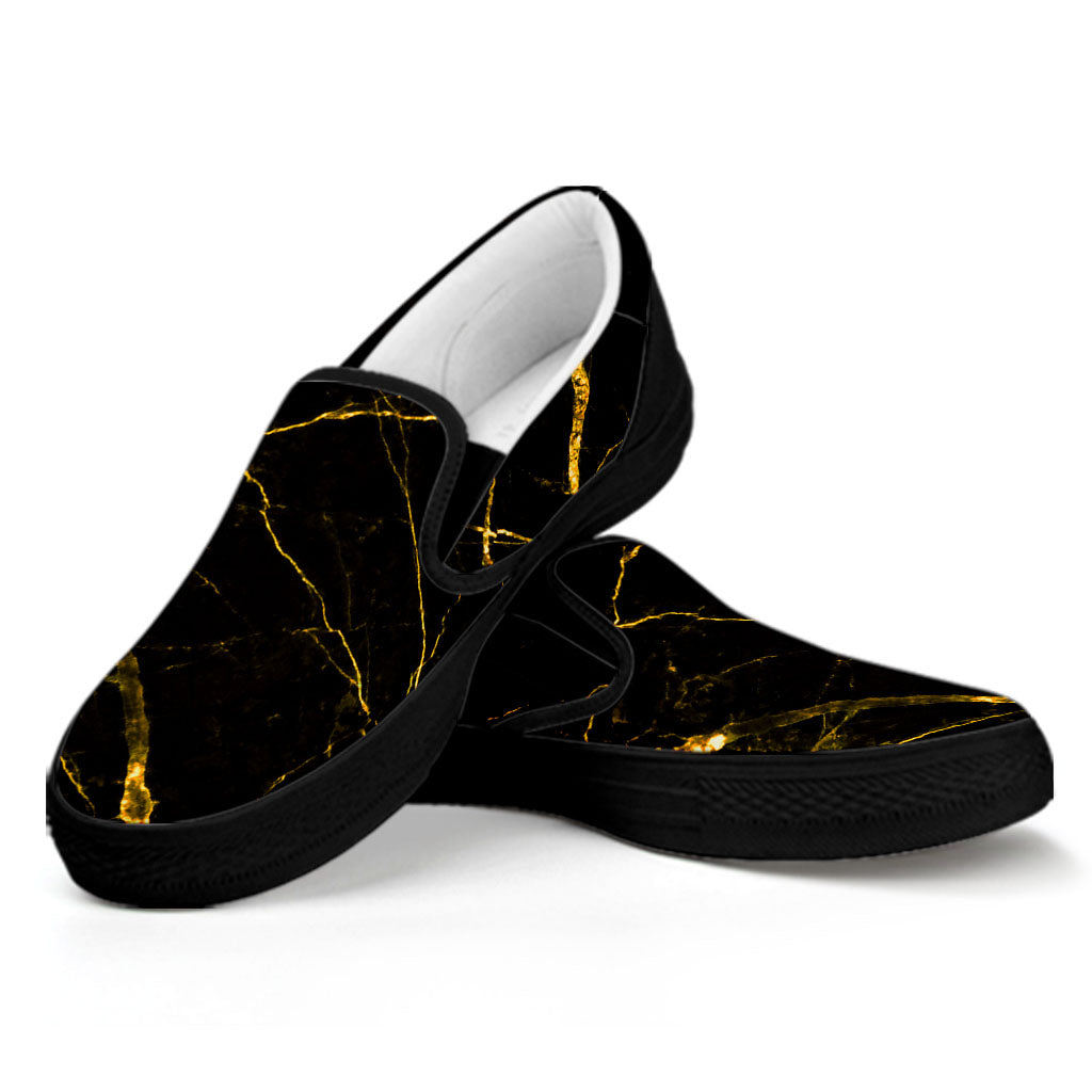 Black Gold Scratch Marble Print Black Slip On Sneakers