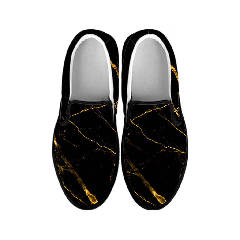 Black Gold Scratch Marble Print Black Slip On Sneakers