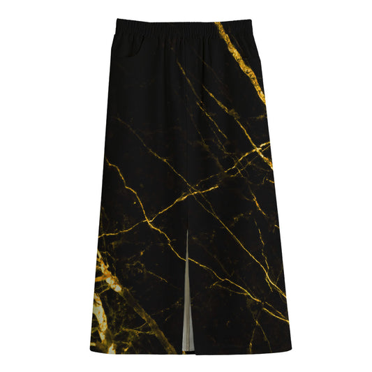 Black Gold Scratch Marble Print Cotton Front Slit Maxi Skirt