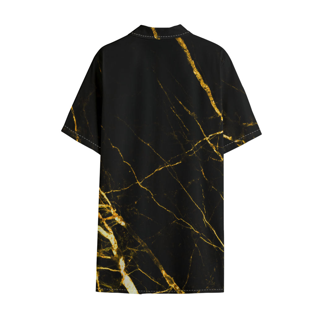 Black Gold Scratch Marble Print Cotton Hawaiian Shirt