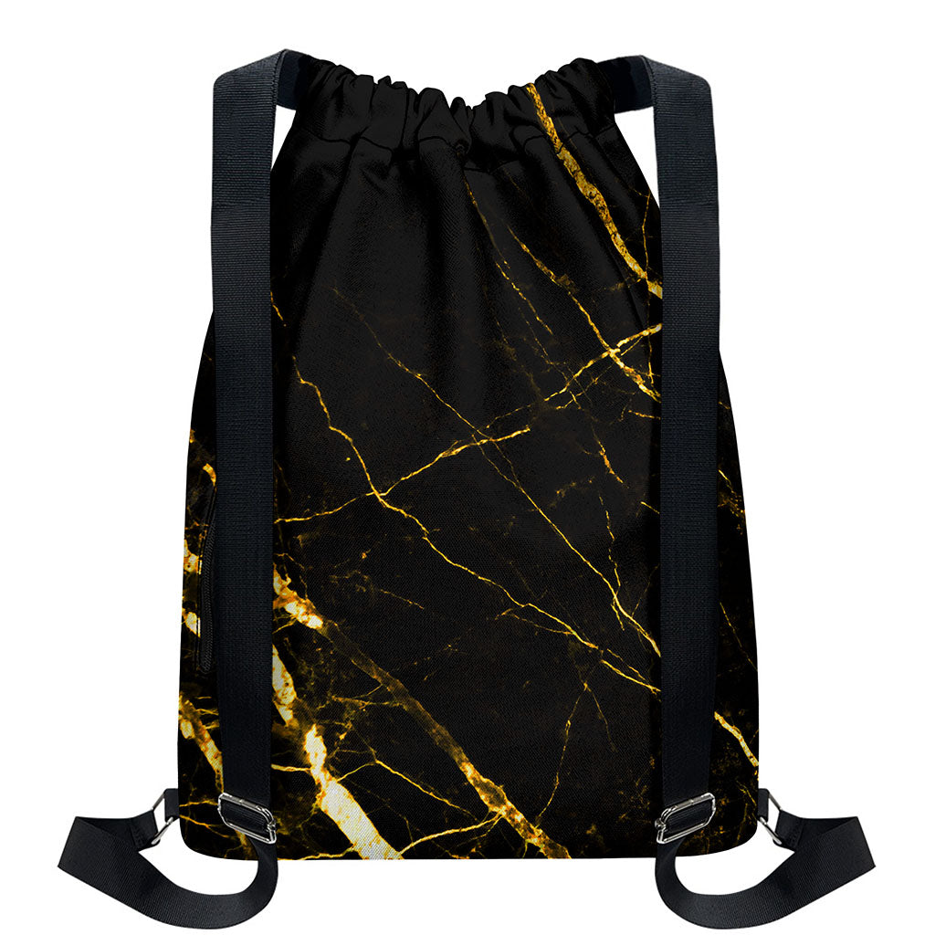 Black Gold Scratch Marble Print Drawstring Backpack