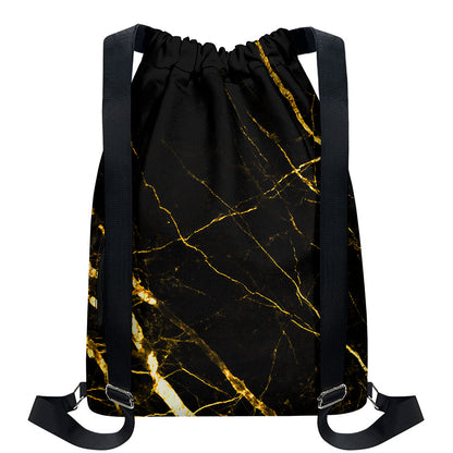 Black Gold Scratch Marble Print Drawstring Backpack