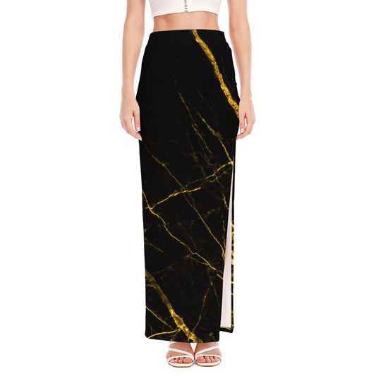 Black Gold Scratch Marble Print High Slit Maxi Skirt