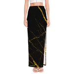 Black Gold Scratch Marble Print High Slit Maxi Skirt