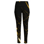 Black Gold Scratch Marble Print High-Waisted Pocket Leggings