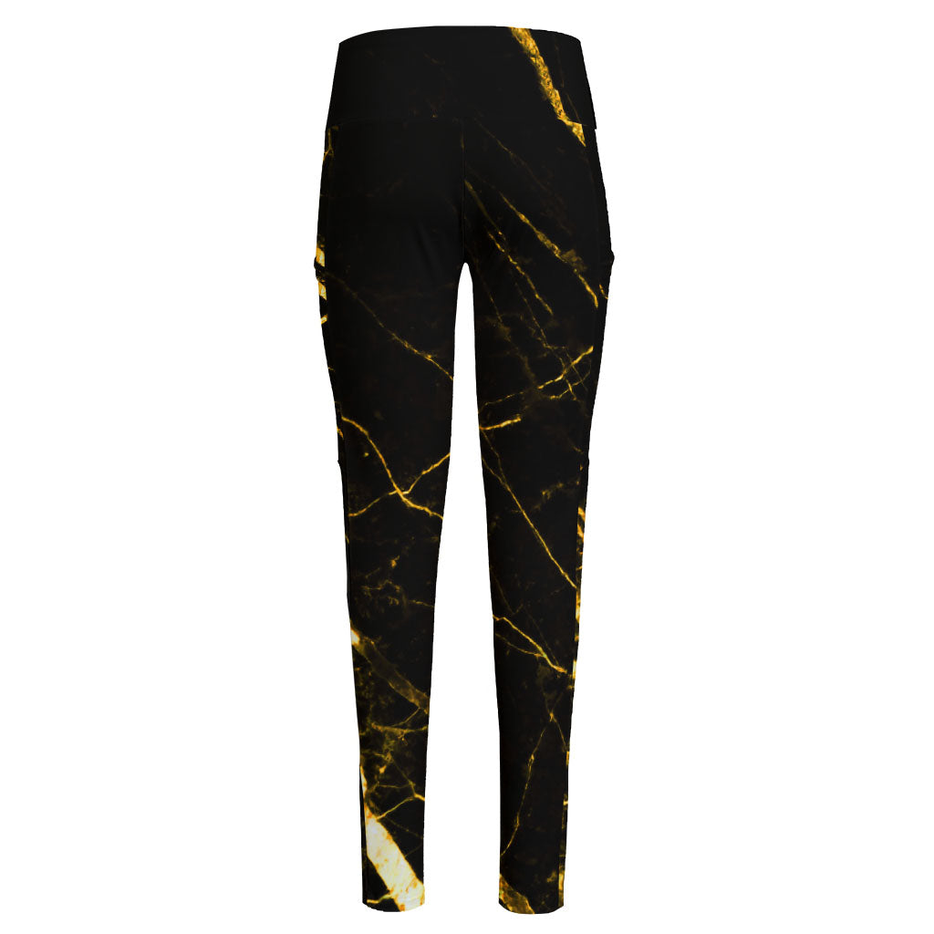 Black Gold Scratch Marble Print High-Waisted Pocket Leggings