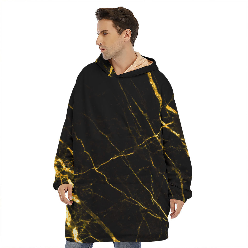 Black Gold Scratch Marble Print Hoodie Blanket