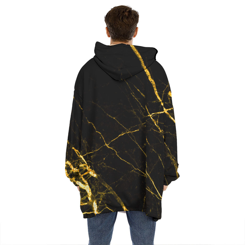 Black Gold Scratch Marble Print Hoodie Blanket