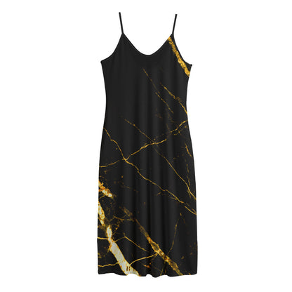 Black Gold Scratch Marble Print Jersey Midi Cami Dress