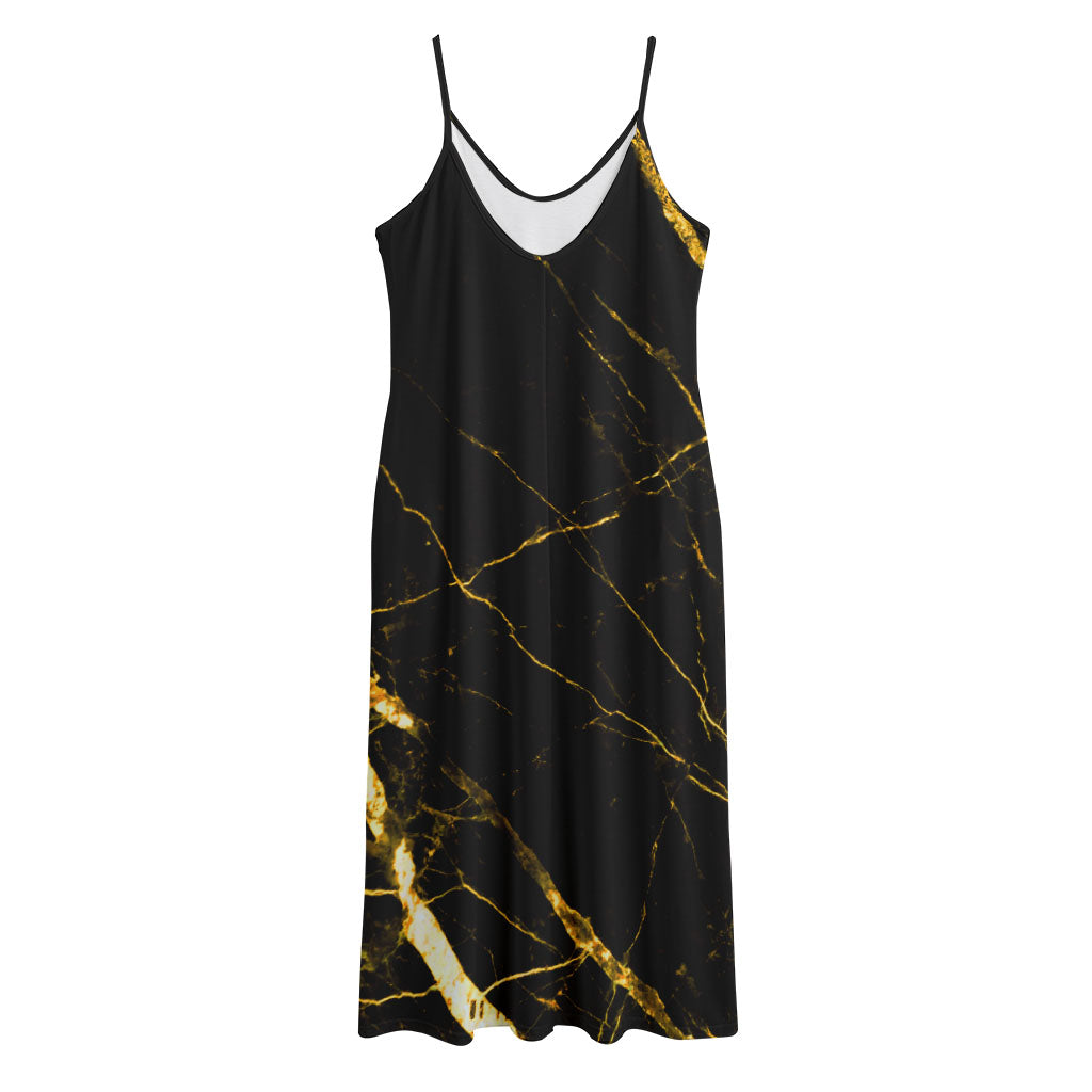 Black Gold Scratch Marble Print Jersey Midi Cami Dress