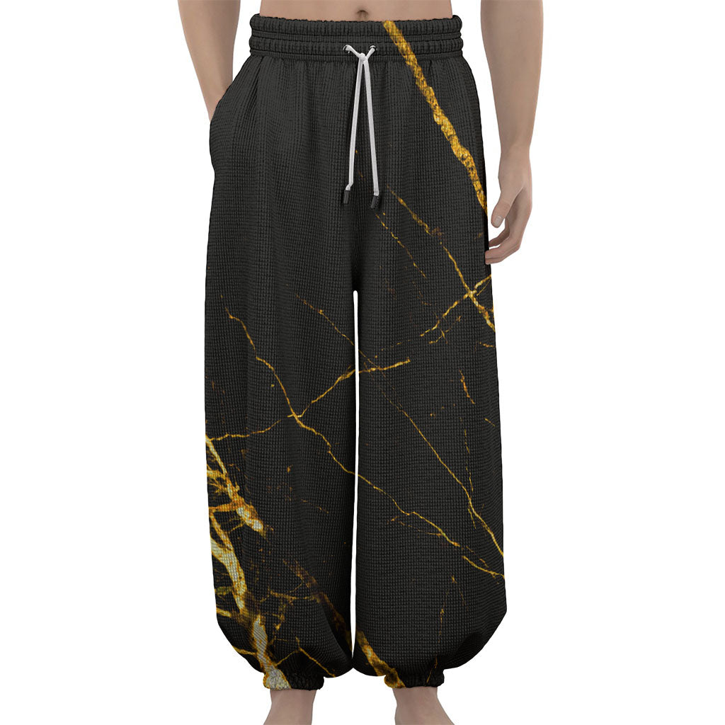 Black Gold Scratch Marble Print Lantern Pants
