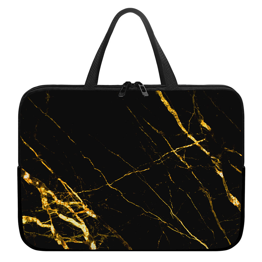 Black Gold Scratch Marble Print Laptop Sleeve With Handle