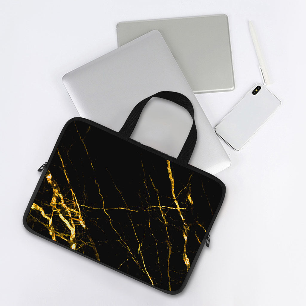 Black Gold Scratch Marble Print Laptop Sleeve With Handle