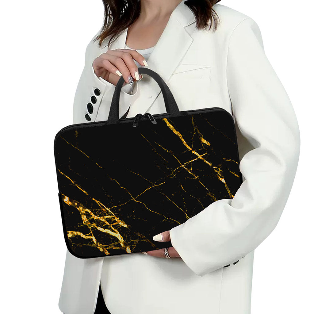 Black Gold Scratch Marble Print Laptop Sleeve With Handle