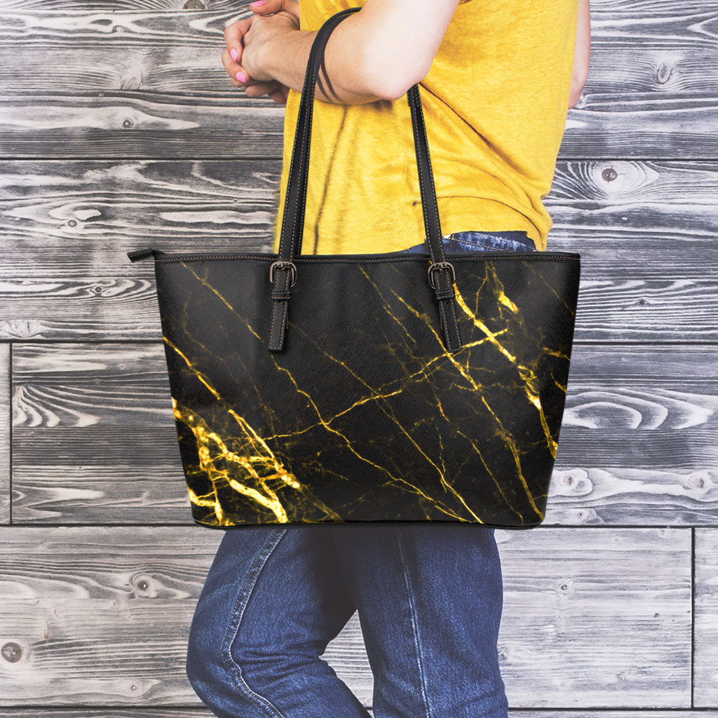 Black Gold Scratch Marble Print Leather Tote Bag